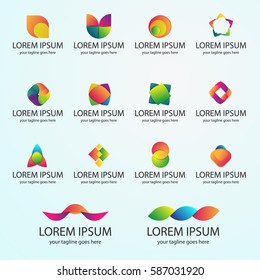 Colorful Abstract logos set. Simple geometric shield, star, circle, line, rocket, infinity, rotation shape logotypes. Vector web Business icons collection