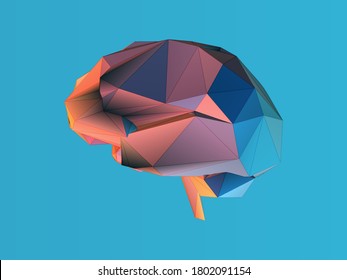 Colorful abstract low poly human brain symbol minimal triangulate style vector illustration isolated on blue background