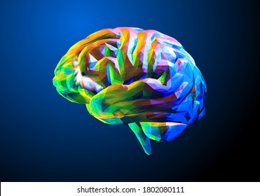 Colorful abstract low polygonal triangulate human brain vector illustration isolated glowing on dark blue background