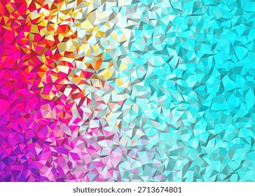 Fondo de bajo-poli abstracto colorido. Mosaico geométrico dinámico con un gradiente radiante de rosas cálidos y amarillos a azules fríos, creando un diseño digital moderno

