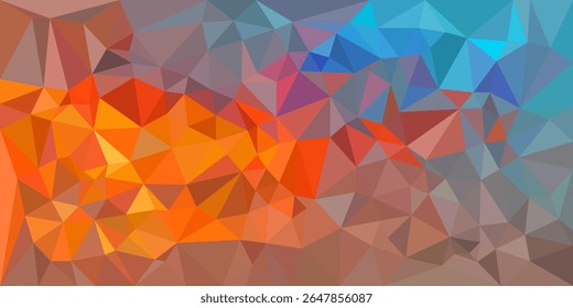 Un colorido fondo abstracto de baja poli con cálidos tonos rojos y naranjas que se mezclan en azules fríos, creando un vibrante patrón geométrico.

