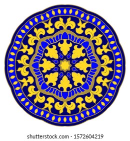 Colorful abstract mandala. Blue and yellow gesign element. Oriental elegant ornament. Indian pattern. 