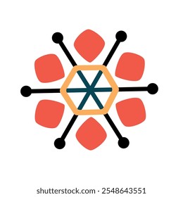 A colorful abstract mandala featuring a hexagonal center, bold black lines, and dynamic red geometric shapes. Ideal for branding, digital art, packaging, decoration, and creative projects