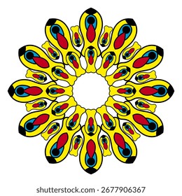 Colorful Abstract Mandala Pattern with Symmetrical Floral Design in Yellow, Red, and Blue