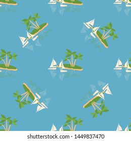 Colorful abstract marine seamless pattern for textile or printing. Sailboat on a small island with palms great vacation background.