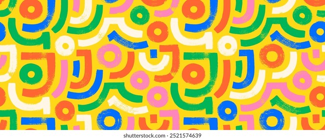 Colorful abstract maze seamless background with brush drawn bold curves and circles. Vector naive art geometric forms seamless pattern. Hand drawn organic shapes and round lines, thick arches.