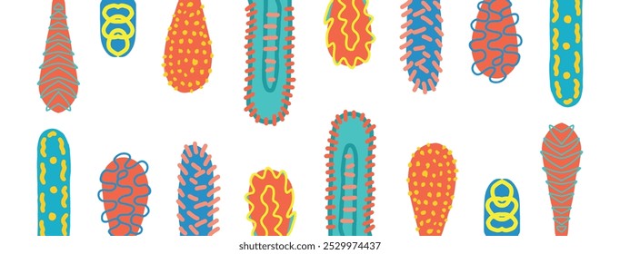 Elementos de design coloridos em estilo Memphis sobre fundo branco. Bactérias e células de vírus em várias formas. Conceito de microbiologia, patógeno, infecção. Cactos abstratos, estalactites, estalagmites