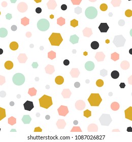 Colorful abstract messy seamless pattern with geometric shapes. Circles, six angles, dots. Vector illustration.