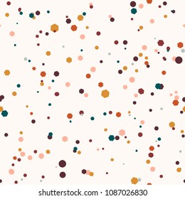 Colorful abstract messy seamless pattern with geometric shapes. Circles, six angles, dots. Vector illustration.