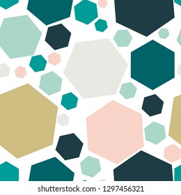 Colorful abstract messy seamless pattern with hexagon, geometric shapes. Vector illustration. 