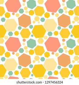 Colorful abstract messy seamless pattern with hexagon, geometric shapes. Vector illustration. 