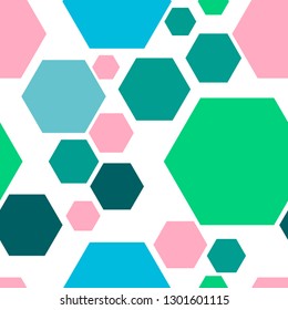 Colorful abstract messy seamless pattern with hexagon, geometric shapes. Vector illustration. 