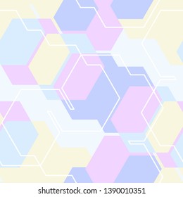 Colorful abstract messy seamless pattern with hexagon, geometric shapes. Vector illustration.