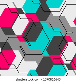 Colorful abstract messy seamless pattern with hexagon, geometric shapes.