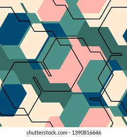 Colorful abstract messy seamless pattern with hexagon, geometric shapes.