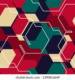 Colorful abstract messy seamless pattern with hexagon, geometric shapes.