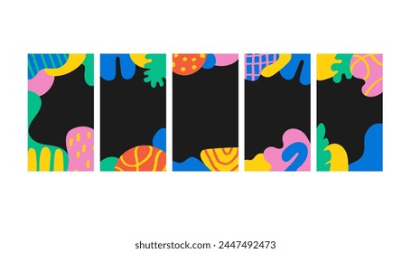 Colorful abstract minimal vertical backgrounds set. Modern vector collection of social media templates for post stories phone wallpapers with hand drawn geometric shapes and textures. Ratio 1080x1920