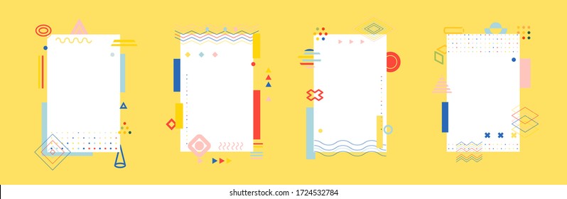 Colorful abstract minimalistic style posters set, memphis geometric shapes background. Cover for book, flyer, annual report, creative summary. Vector layout pattern template.