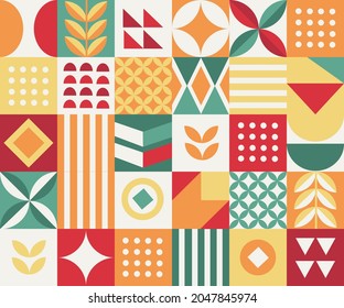 Fondo Mosaico Abstracto Colorido.  Cubierta de formas geométricas planas. Resumen de ilustraciones geométricas cuadradas. Patrón sin inconvenientes.