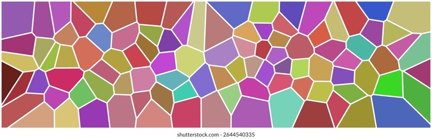 Colorful abstract mosaic pattern with irregular polygon shapes in vibrant tones, creating a lively and artistic stained-glass effect.

