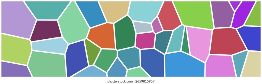  Colorful abstract mosaic pattern with irregular geometric shapes in various bright shades, outlined in white, resembling stained glass or a tiled design.