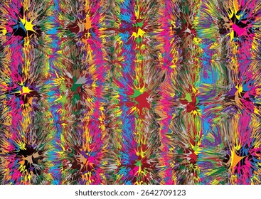The colorful abstract motif resembles exploding fireworks, forming a dynamic pattern with bright hues and striking contrasts