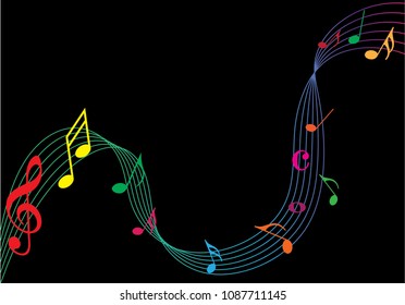 Colorful Abstract music notes on rainbow line wave background. colorful G-clef and music notes isolated vector illustration Can be adapt to Brochure, Annual Report, Magazine, Poster, music background.