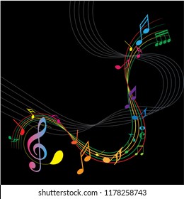 Colorful Abstract music notes on rainbow line wave background. colorful G-clef and music notes isolated vector illustration Can be adapt to Brochure, Annual Report, Magazine, Poster, music background.