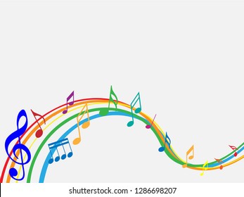 Colorful Abstract music notes on rainbow line wave background. colorful G-clef and music notes isolated vector illustration Can be adapt to Brochure, Annual Report, Magazine, Poster, music background.