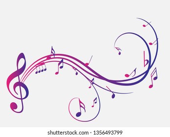 Colorful Abstract music notes on rainbow line wave background. colorful G-clef and music notes isolated vector illustration Can be adapt to Brochure, Annual Report, Magazine, Poster, music background.