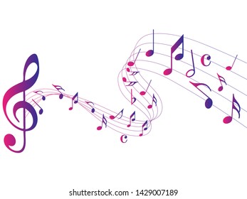 Colorful Abstract music notes on rainbow line wave background. colorful G-clef and music notes isolated vector illustration Can be adapt to Brochure, Annual Report, Magazine, Poster, music background.