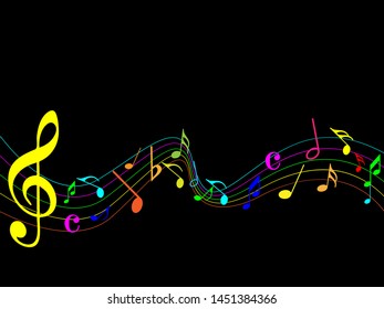 Coloridas notas musicales abstractas sobre el fondo de la ola de línea arco iris. colorida G-clef y notas musicales ilustraciones vectoriales aisladas Puede adaptarse a Brochure, Annual Report, Magazine, Poster, fondo musical.