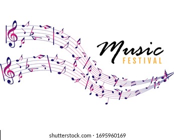 Colorful Abstract music notes on rainbow line wave background. colorful G-clef and music notes isolated vector illustration Can be adapt to Brochure, Annual Report, Magazine, Poster, music background.