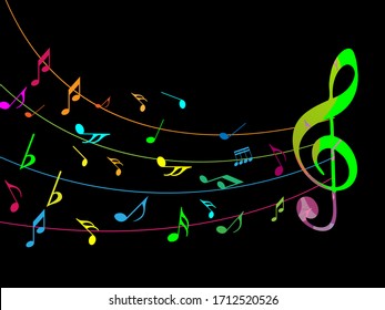 Colorful Abstract music notes on rainbow line wave background. colorful G-clef and music notes isolated vector illustration Can be adapt to Brochure, Annual Report, Magazine, Poster, music background.