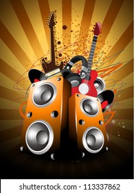 Colorful abstract musical background with loud speakers and guitars. EPS 10.