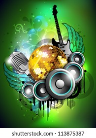 Colorful abstract musical background with loud speakers and guitar and disco ball. EPS 10.