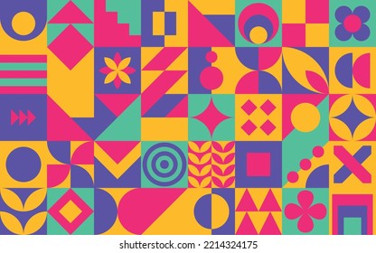 Colorful Abstract NEO Geometric Backgrounds. Geometric Seamless Pattern in NEO GEO Design Style. Retro Graphics Vector Illustration.