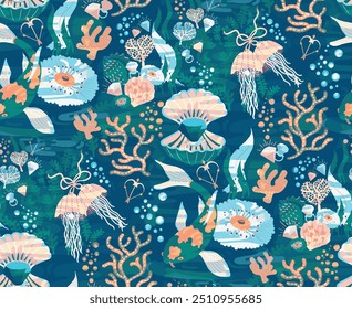 A colorful abstract ocean deep sea creatures doodles illustration wallpaper background seamless pattern repeat digital print textile fabric vector artwork