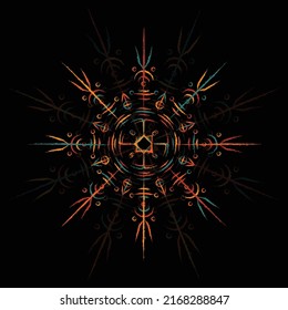 Colorful abstract old Icelandic symbol. Viking norse rune sign of strenght and glory. Brushed circle Scandinavian design element