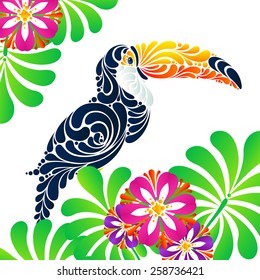 Colorful abstract ornate pattern tropical flowers, toucan