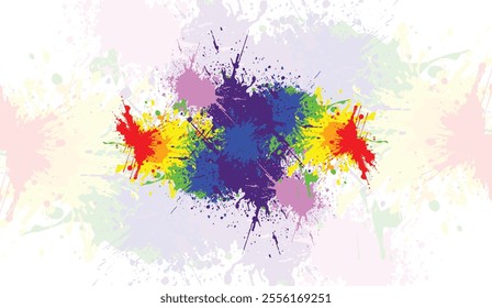Colorful abstract paint splatter with red, yellow, green, blue, purple, and pink hues. Perfect for art, design, or backgrounds in creative projects