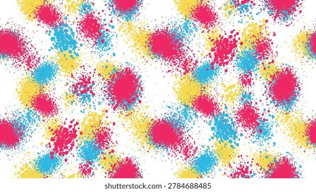 Colorful Abstract Paint Splatter Seamless Pattern with Vibrant Pink Yellow and Blue Ink Blots on White Background