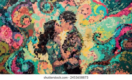 A colorful abstract painting of a couple embracing. The painting is made up of many small pieces of colored paper, creating a mosaic effect. The colors are bright and vibrant