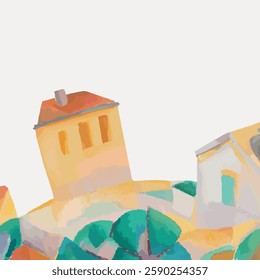 Colorful abstract painting of houses with red roofs and green trees. Artistic depiction of buildings and nature. Bright and vibrant art style. Vintage art painting vector.