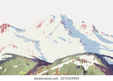 Colorful abstract painting of snowy mountains. Snowy peaks and colorful abstract patterns create a vibrant mountain landscape. Abstract mountain art with snowy peaks. Isolated vector element.