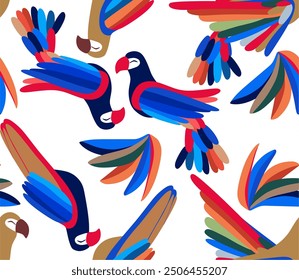 Colorful, abstract parrot pattern on a white background