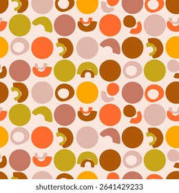 Colorful abstract pattern with circles and arches in warm earthy tones. Seamless modern design for fabric, wallpaper, or wrapping paper