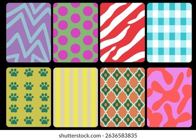 Colorful abstract pattern collection, black background.