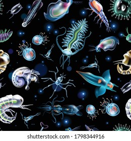 Colorful abstract pattern consisting of glowing lights and luminescent images of marine plankton on dark background vector illustration