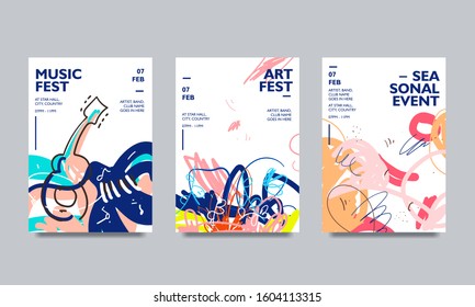 Colorful abstract pattern cover design template for music, event, festival and carnival with painted brush. Creative patterns background poster, flyer and leaflet for print.